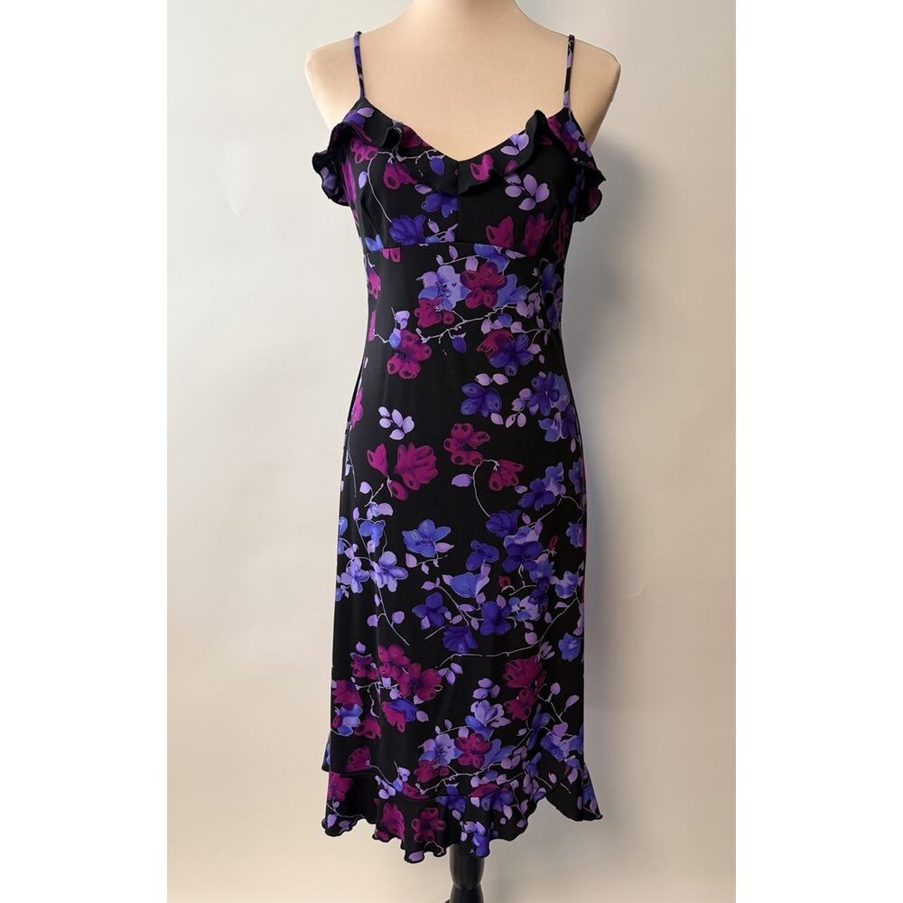 Y2K Babydoll Womens Floral Dress Large Midi Black Purple Pink Ruffle Whimsigoth